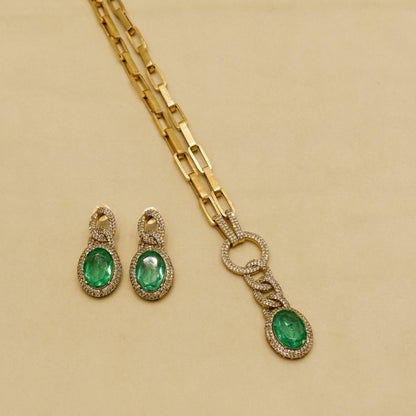 Aanura Red Stone Chain-Link Necklace with Earrings