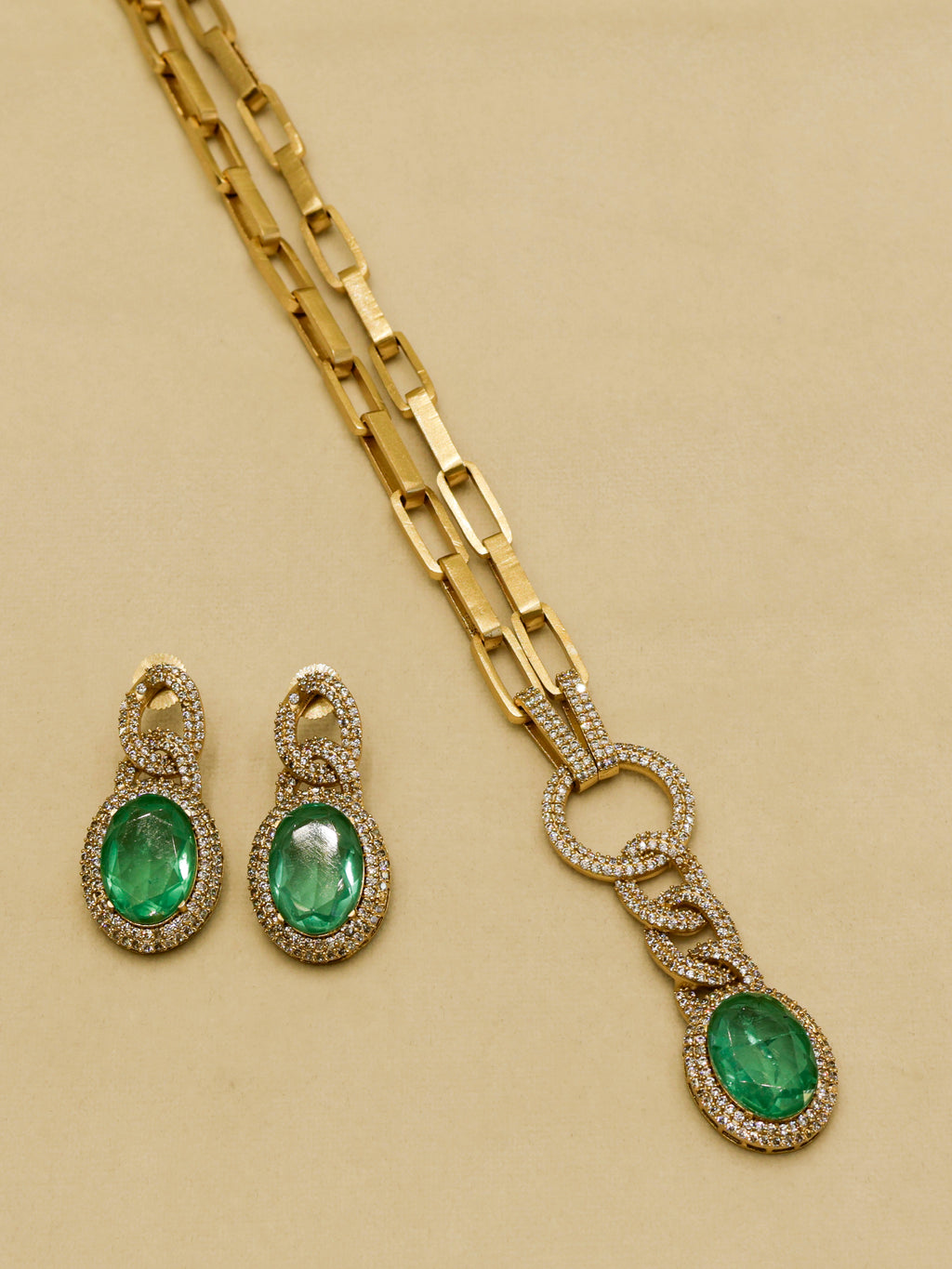 Aanura Red Stone Chain-Link Necklace with Earrings