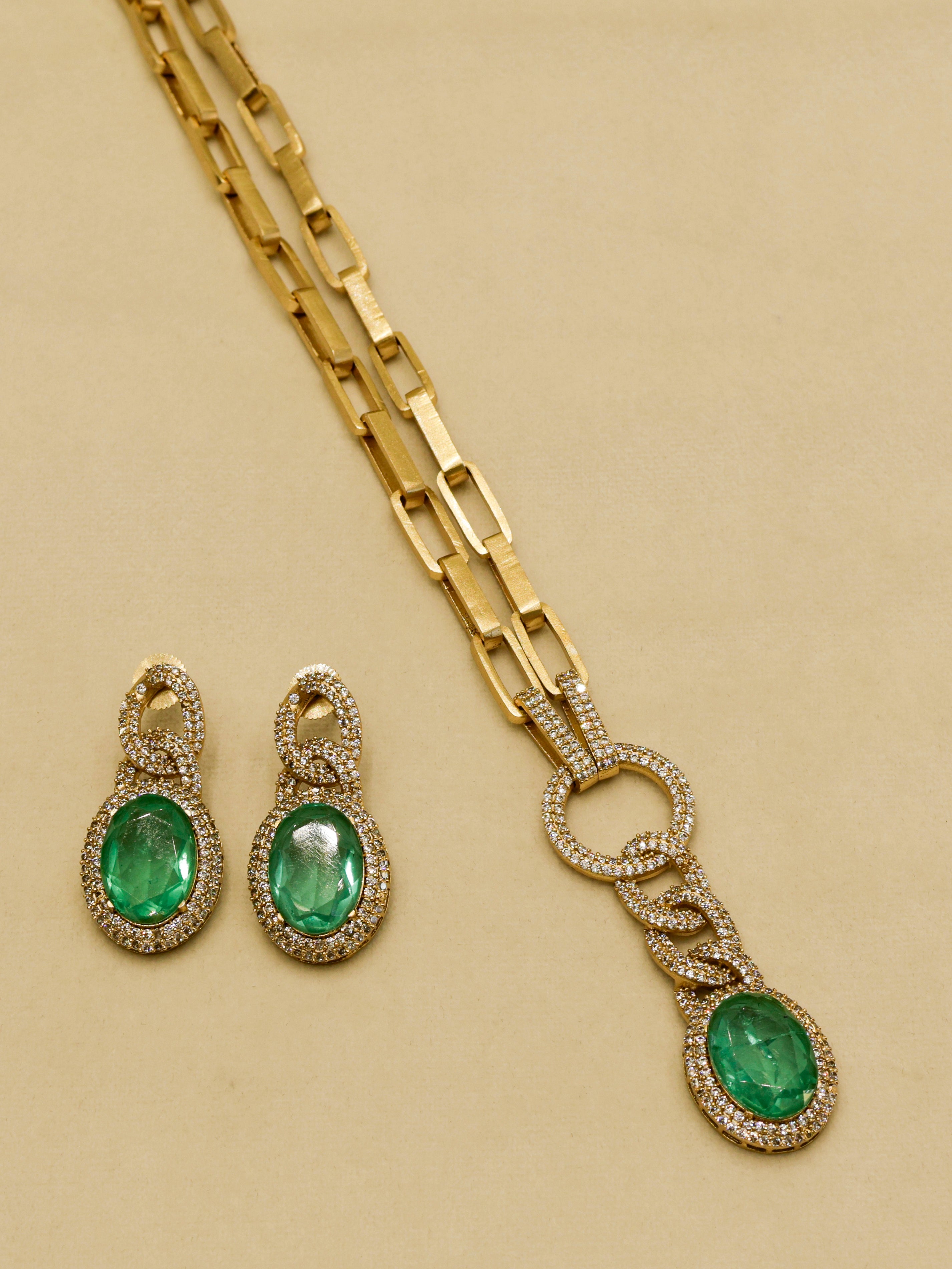 Aanura Red Stone Chain-Link Necklace with Earrings