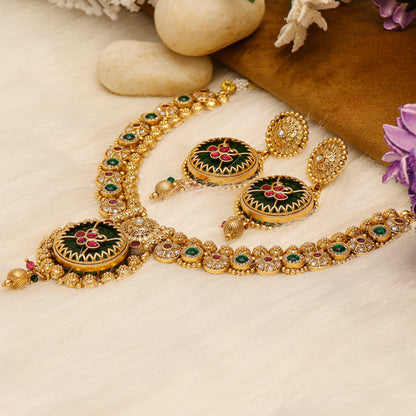 Aanura Circular Heritage Necklace with Green Stones