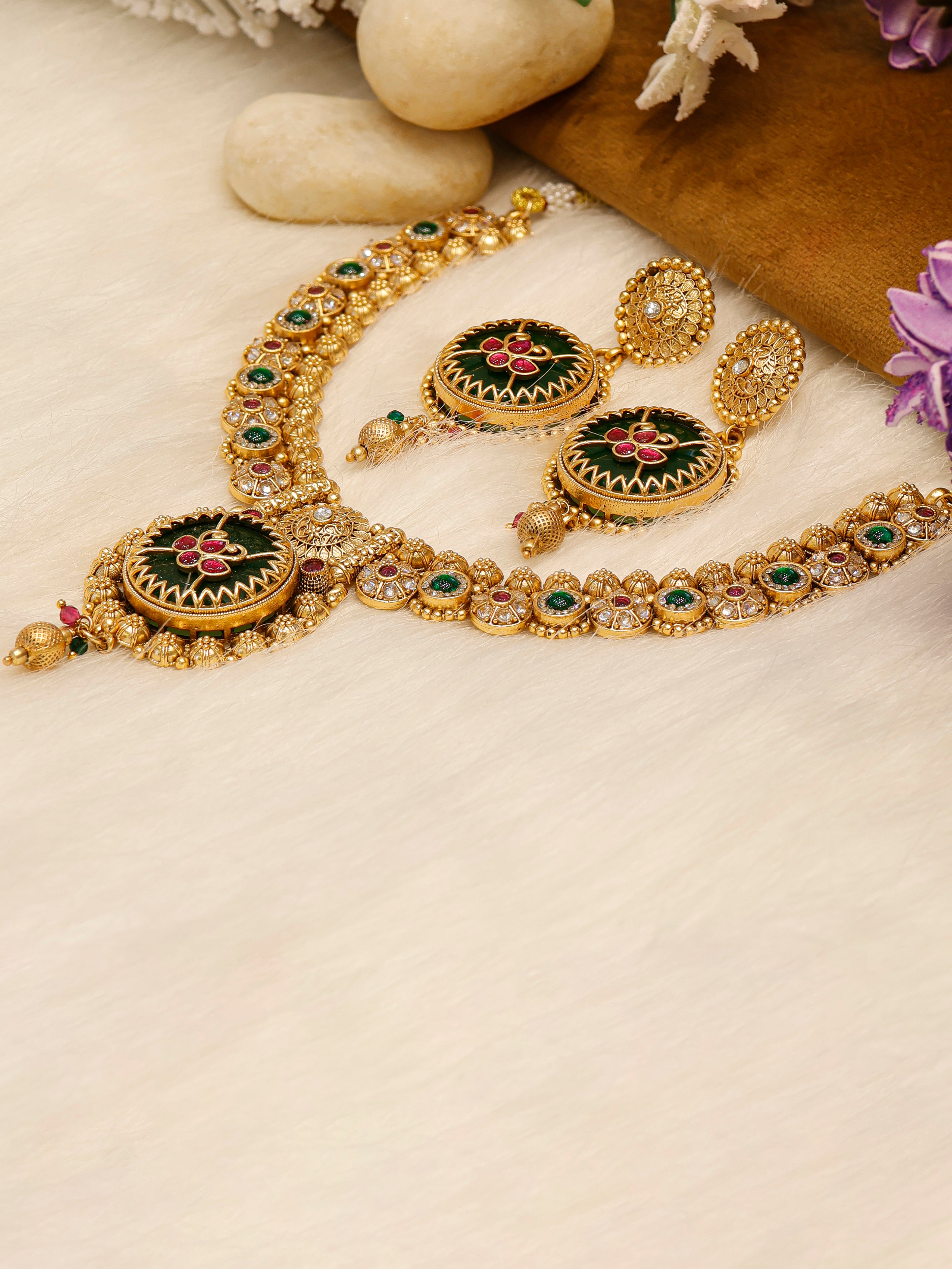 Aanura Circular Heritage Necklace with Green Stones