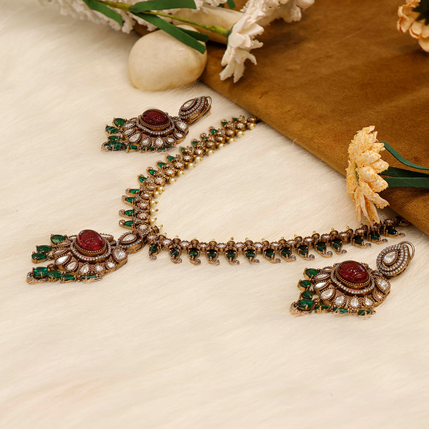 Aanura Royal Green Kundan Bridal Necklace with Earrings