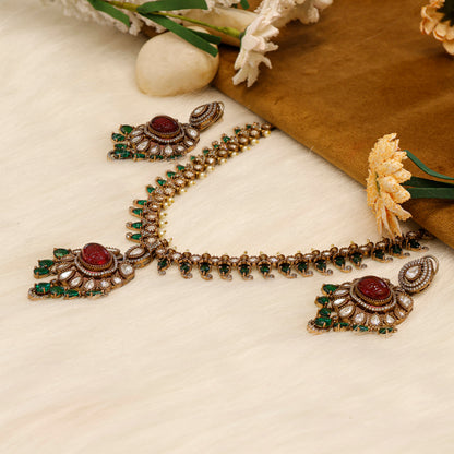 Aanura Royal Green Kundan Bridal Necklace with Earrings