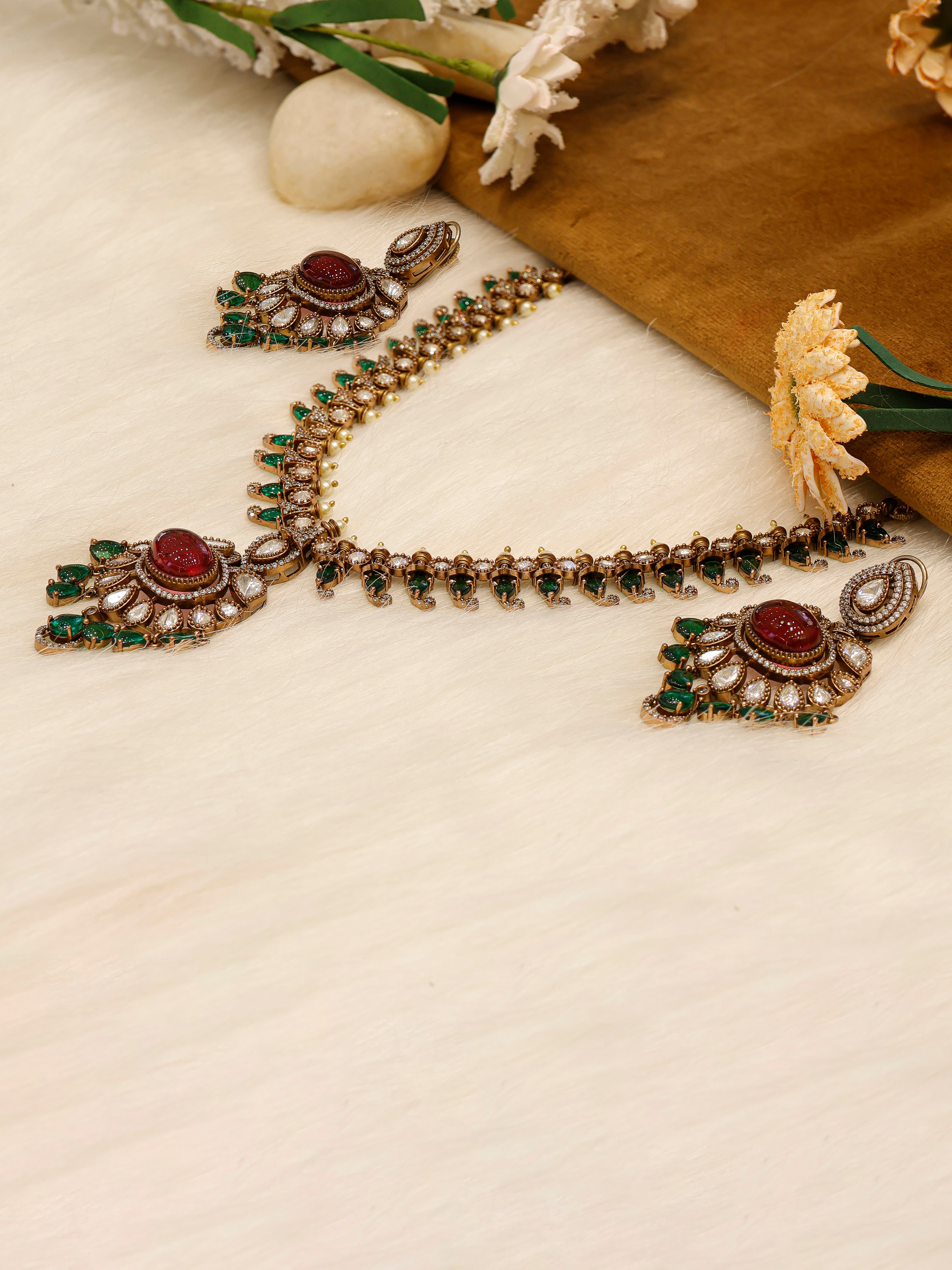 Aanura Royal Green Kundan Bridal Necklace with Earrings