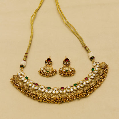 Aanura Antique Gold Kundan Choker Necklace Set