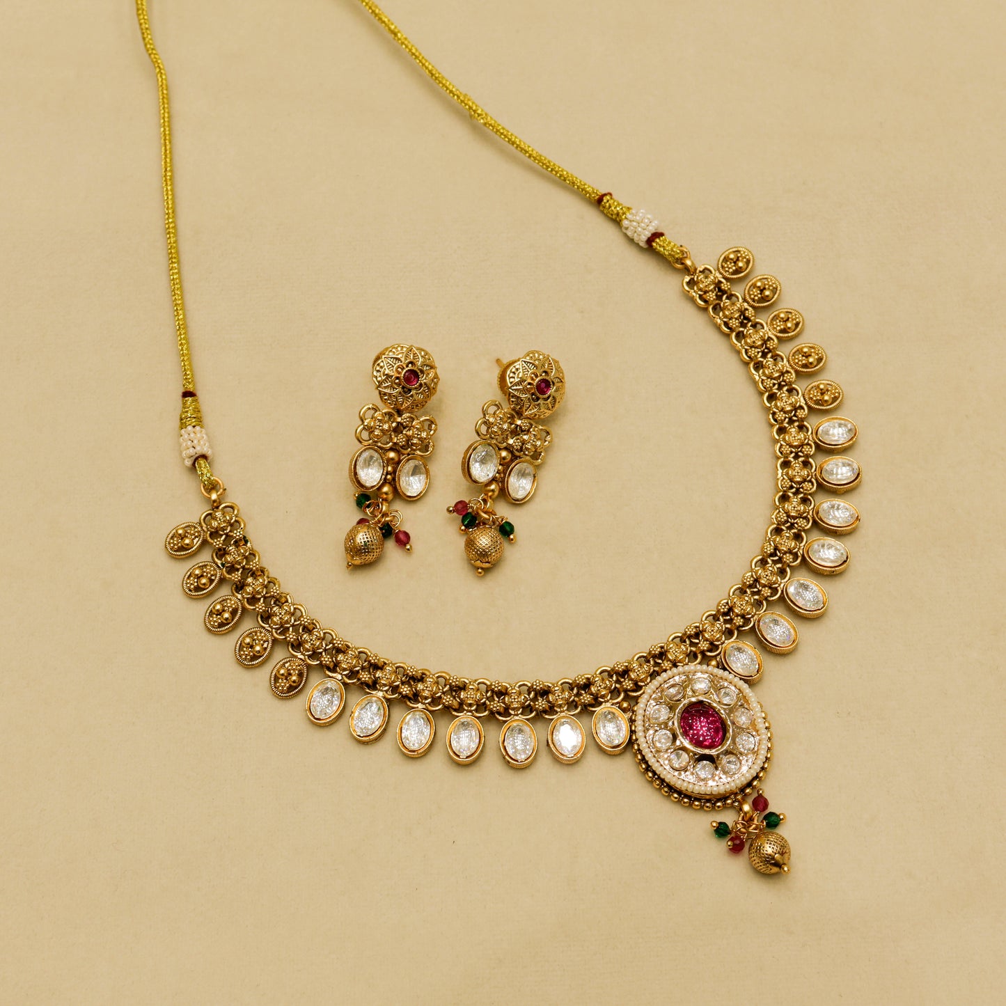 Aanura Ruby Beaded Kundan Necklace with Earrings