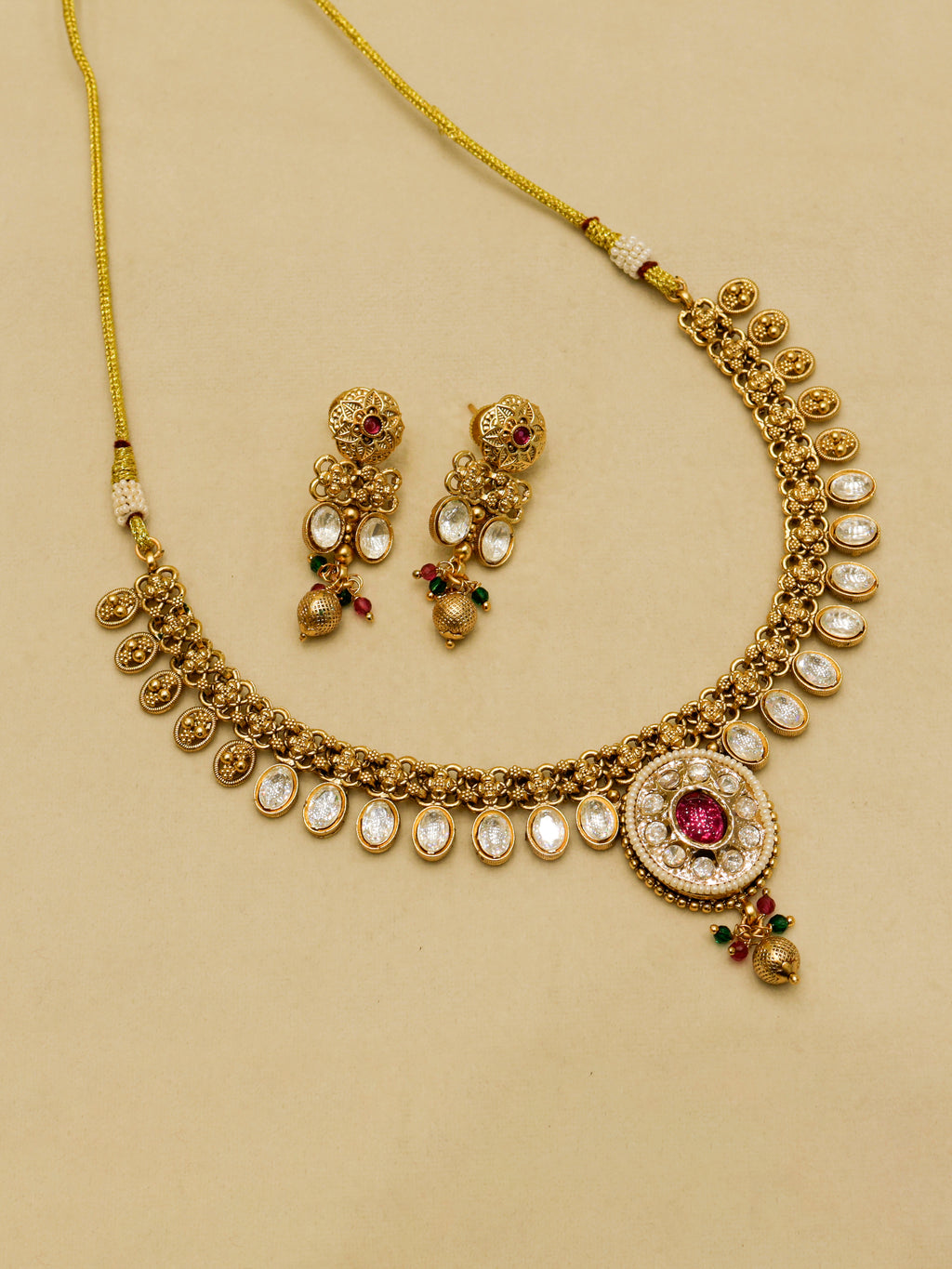 Aanura Ruby Beaded Kundan Necklace with Earrings