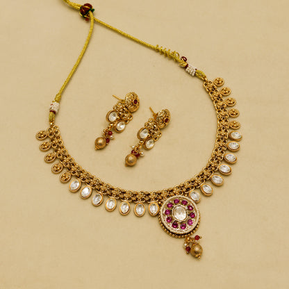 Aanura Ruby Beaded Kundan Necklace with Earrings