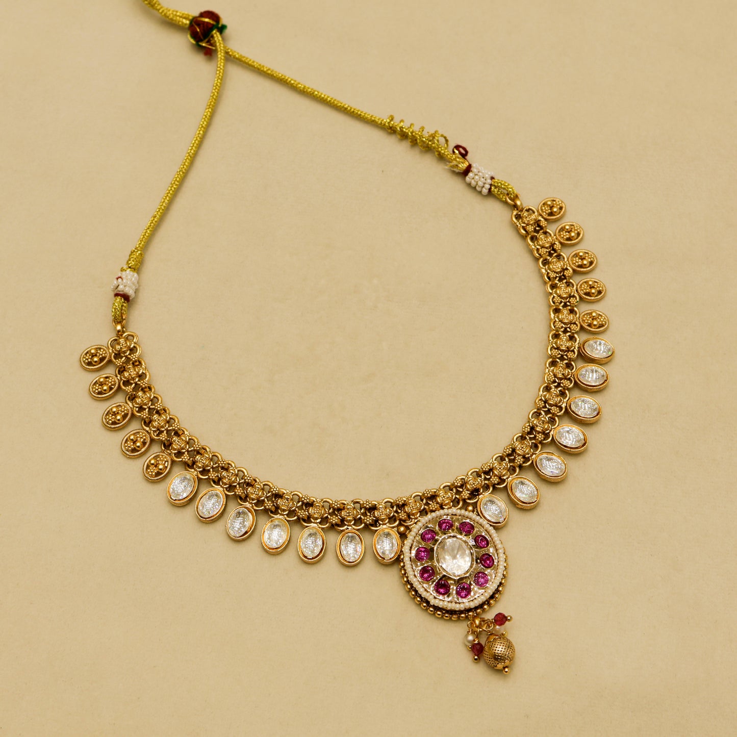 Aanura Ruby Beaded Kundan Necklace with Earrings