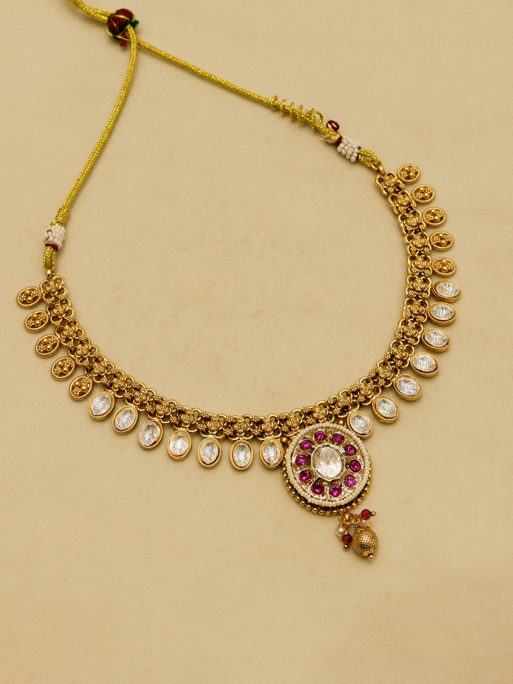 Aanura Ruby Beaded Kundan Necklace with Earrings
