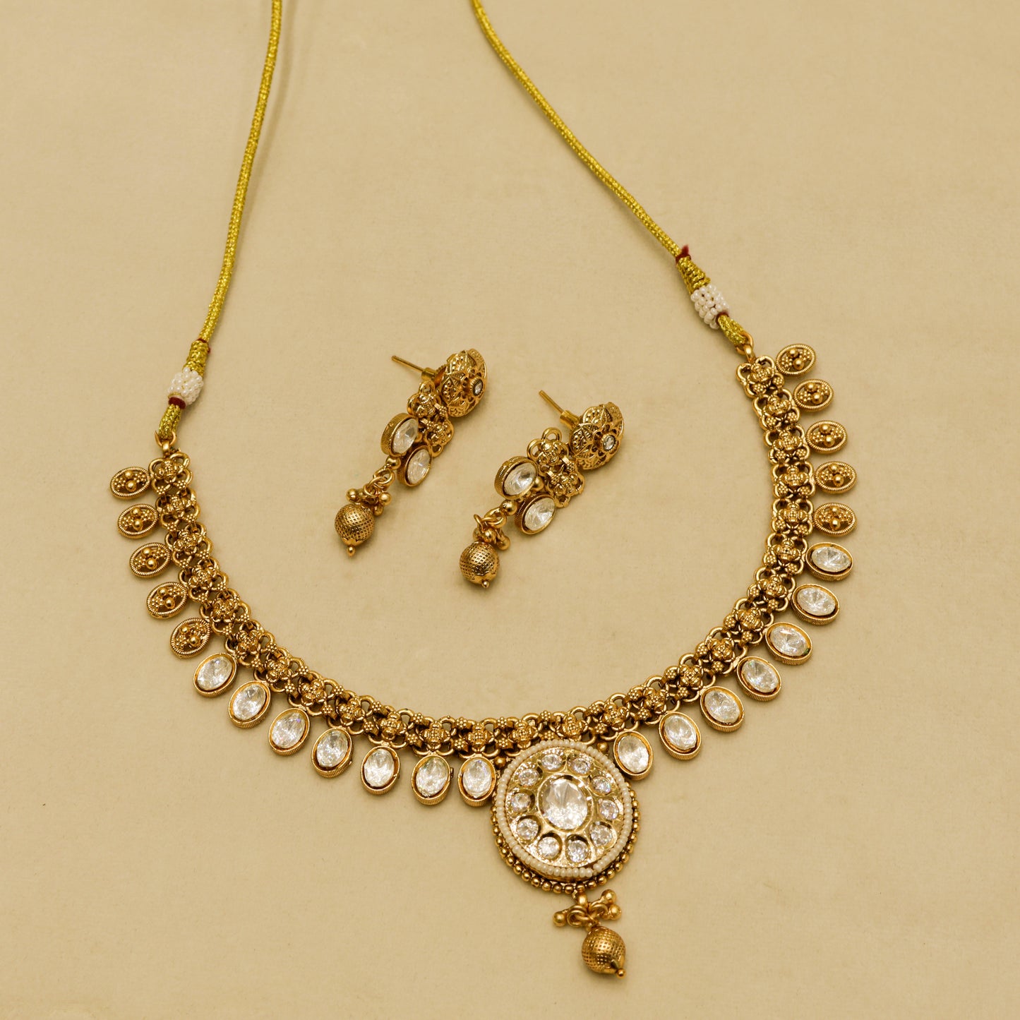 Aanura Ruby Beaded Kundan Necklace with Earrings