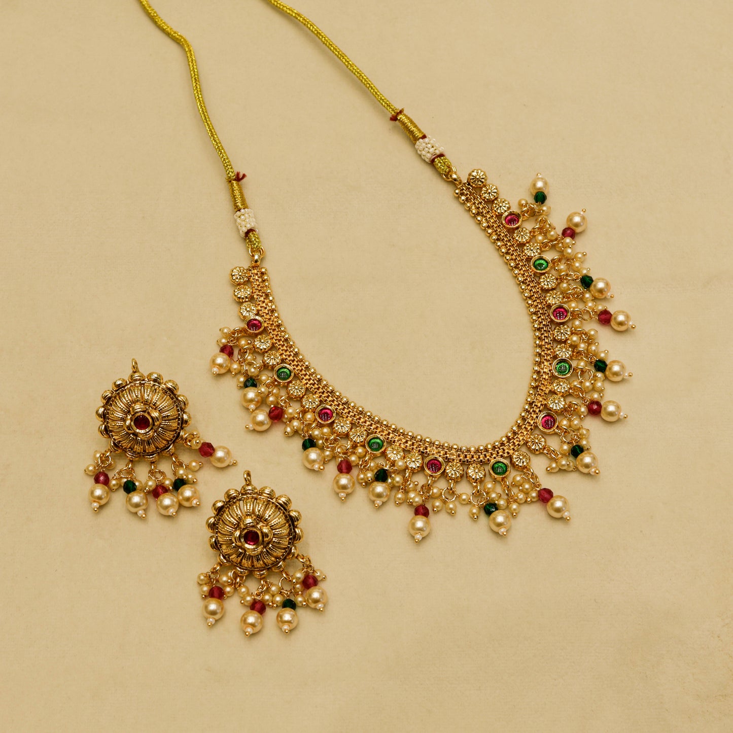 Aanura Gold-Plated Pearl & Green Stone Choker Set