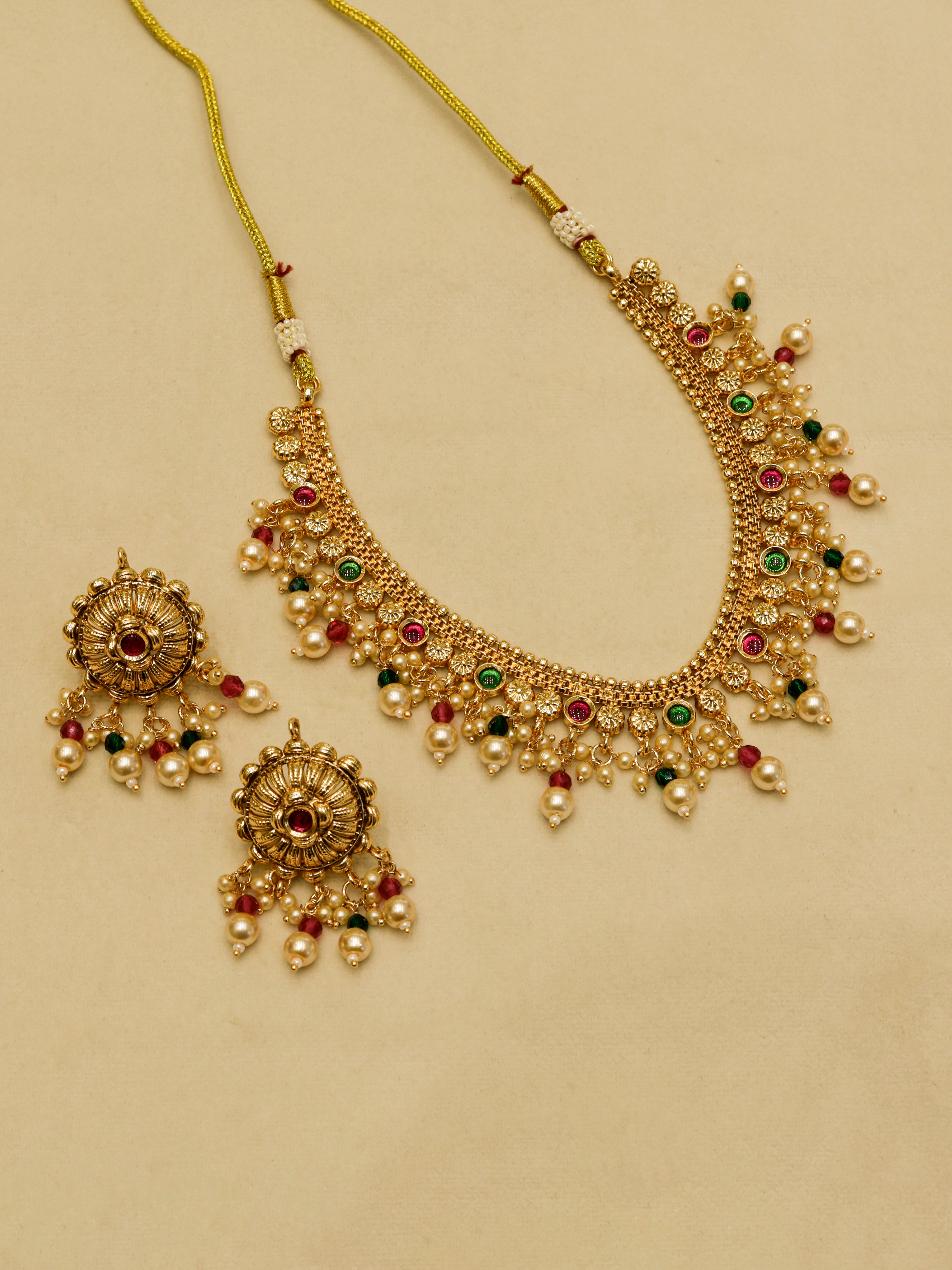 Aanura Gold-Plated Pearl & Green Stone Choker Set