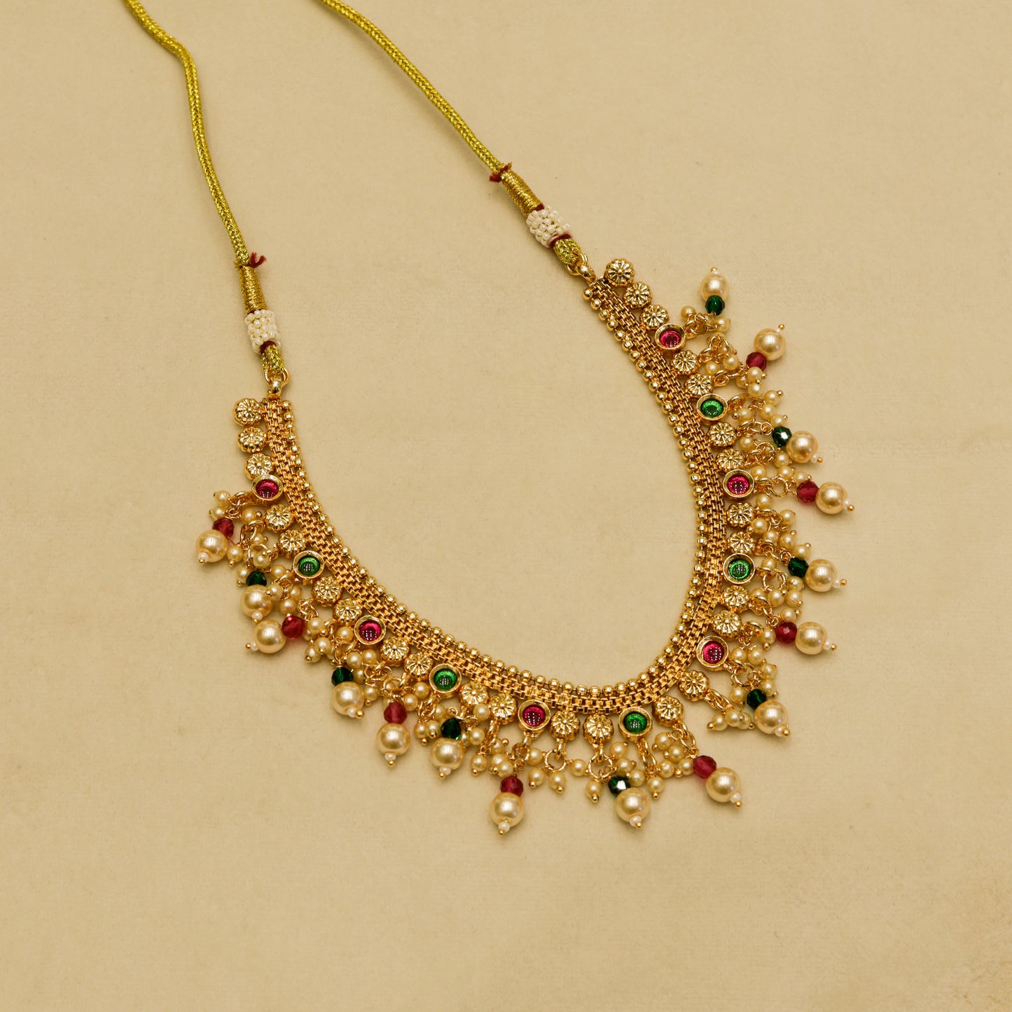 Aanura Gold-Plated Pearl & Green Stone Choker Set