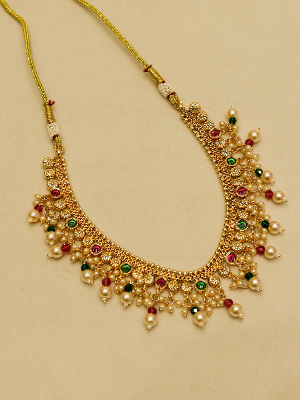 Aanura Gold-Plated Pearl & Green Stone Choker Set
