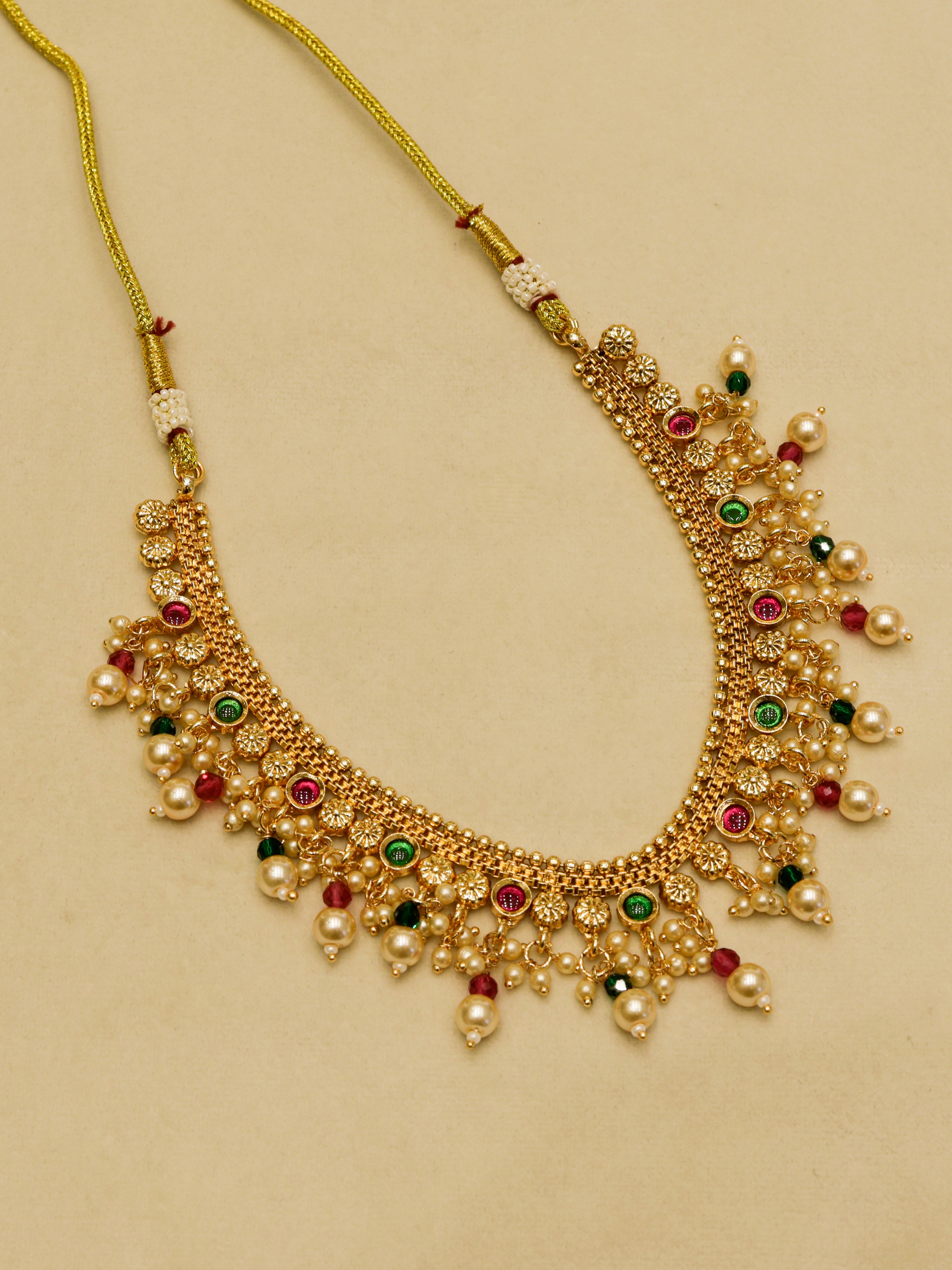 Aanura Gold-Plated Pearl & Green Stone Choker Set