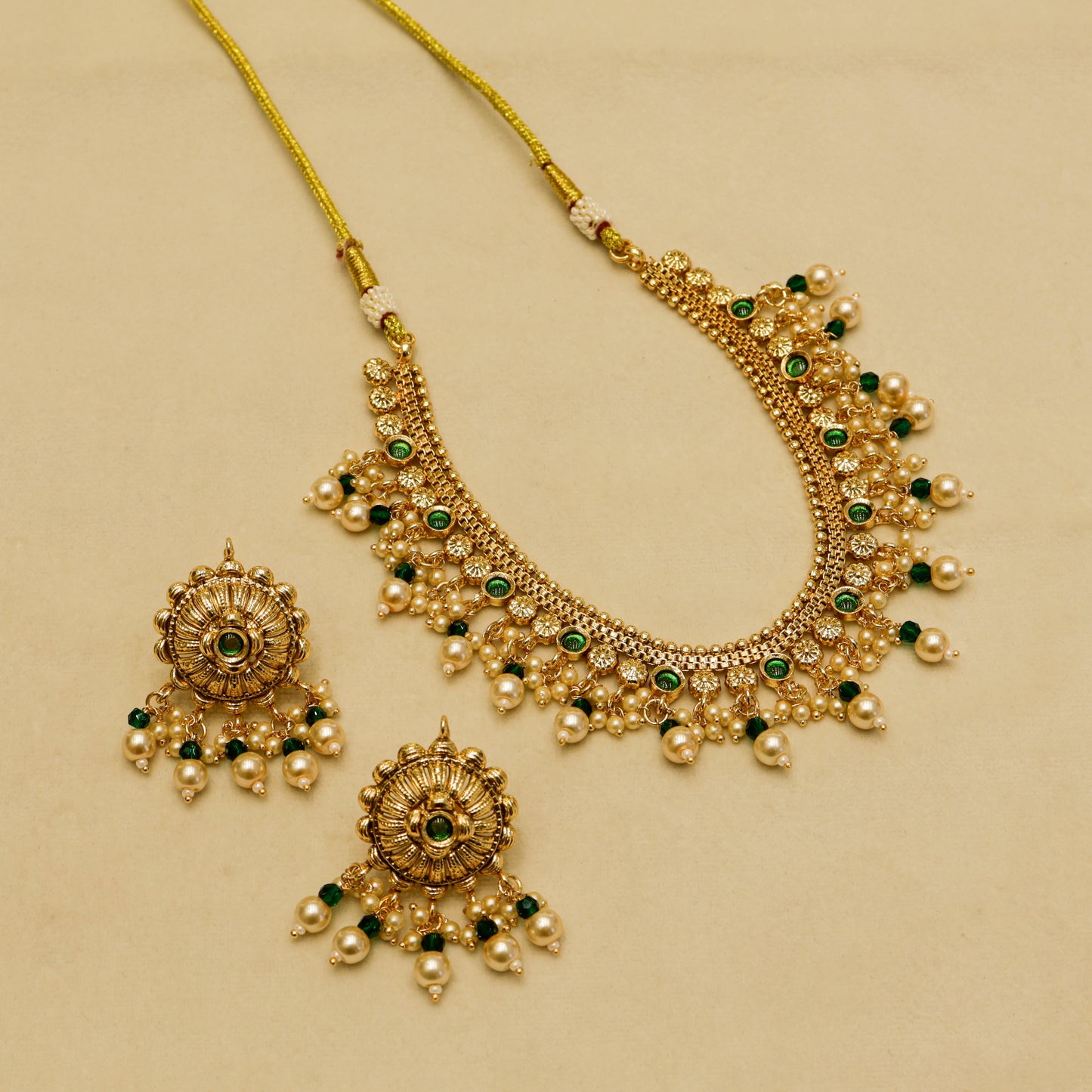 Aanura Gold-Plated Pearl & Green Stone Choker Set