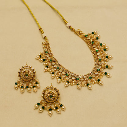 Aanura Gold-Plated Pearl & Green Stone Choker Set