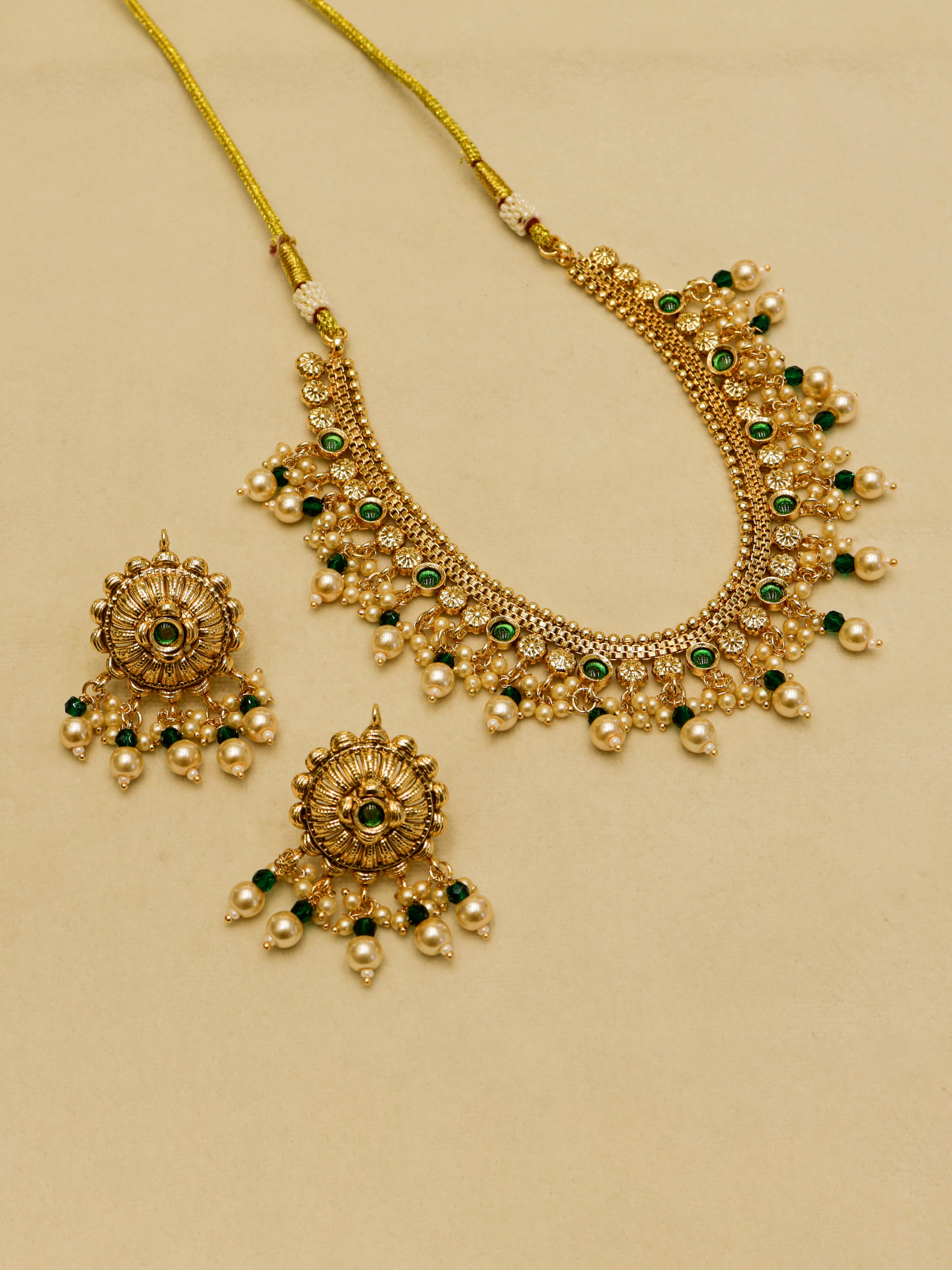 Aanura Gold-Plated Pearl & Green Stone Choker Set