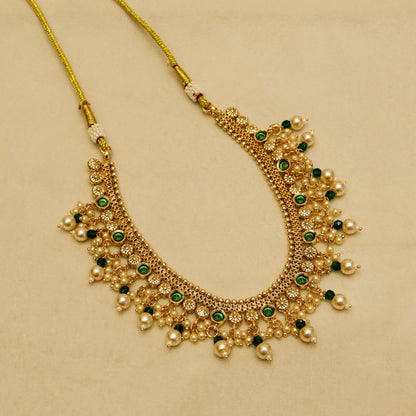 Aanura Gold-Plated Pearl & Green Stone Choker Set