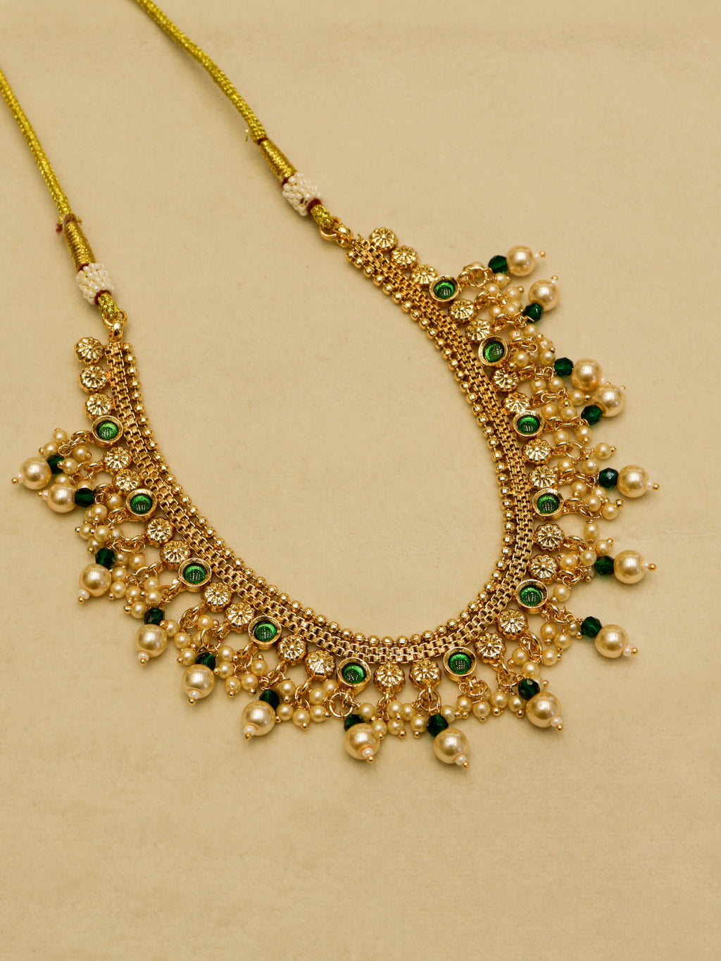 Aanura Gold-Plated Pearl & Green Stone Choker Set