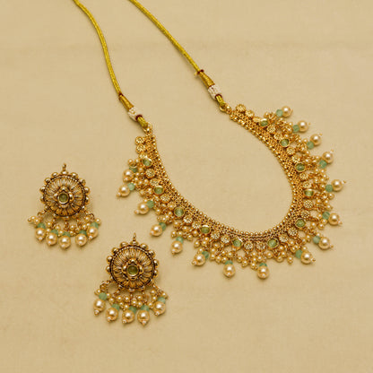 Aanura Gold-Plated Pearl & Green Stone Choker Set
