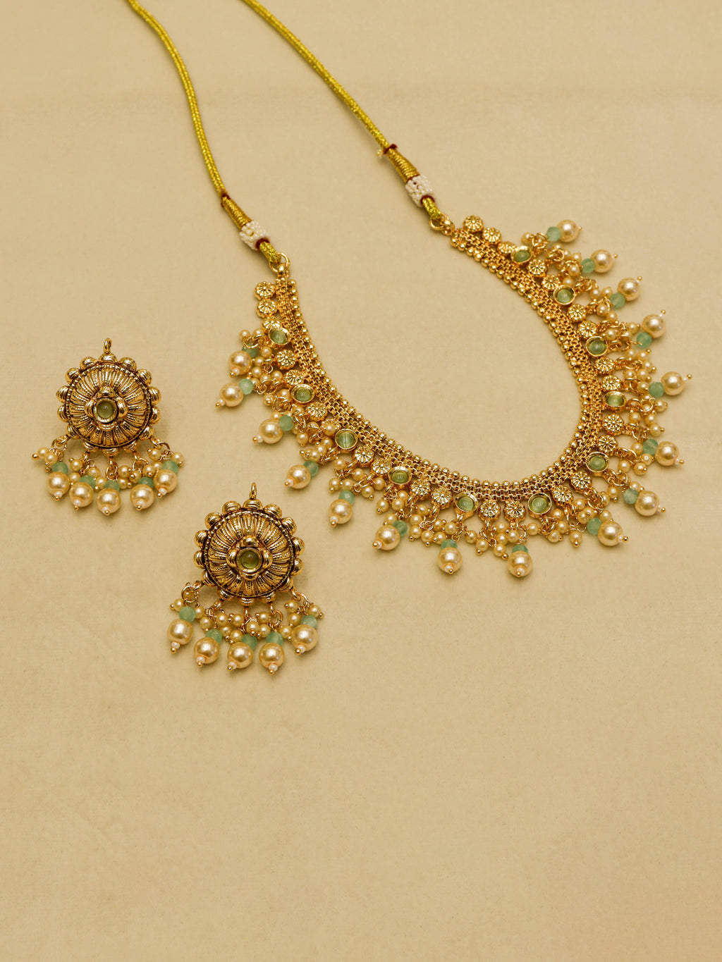 Aanura Gold-Plated Pearl & Green Stone Choker Set