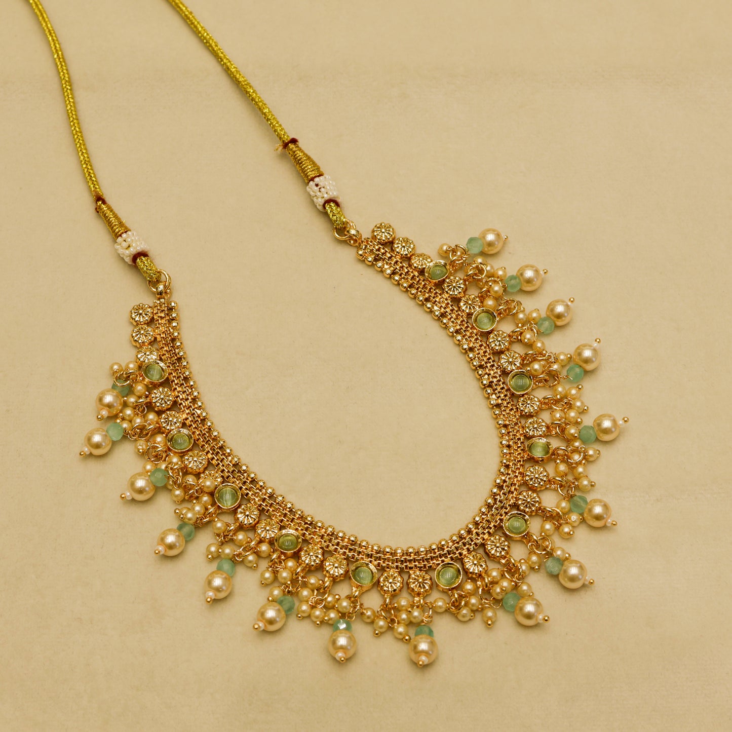 Aanura Gold-Plated Pearl & Green Stone Choker Set
