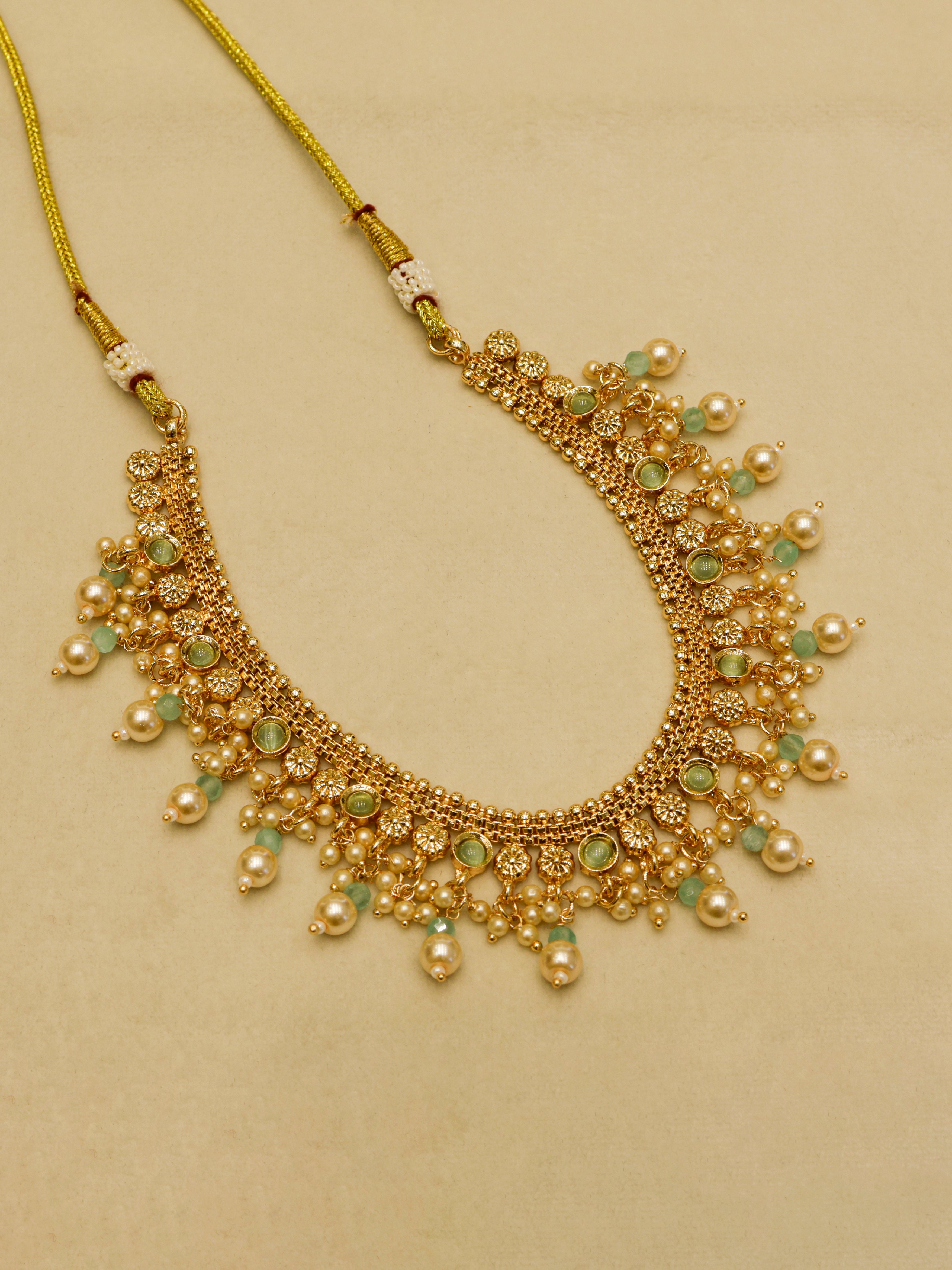 Aanura Gold-Plated Pearl & Green Stone Choker Set