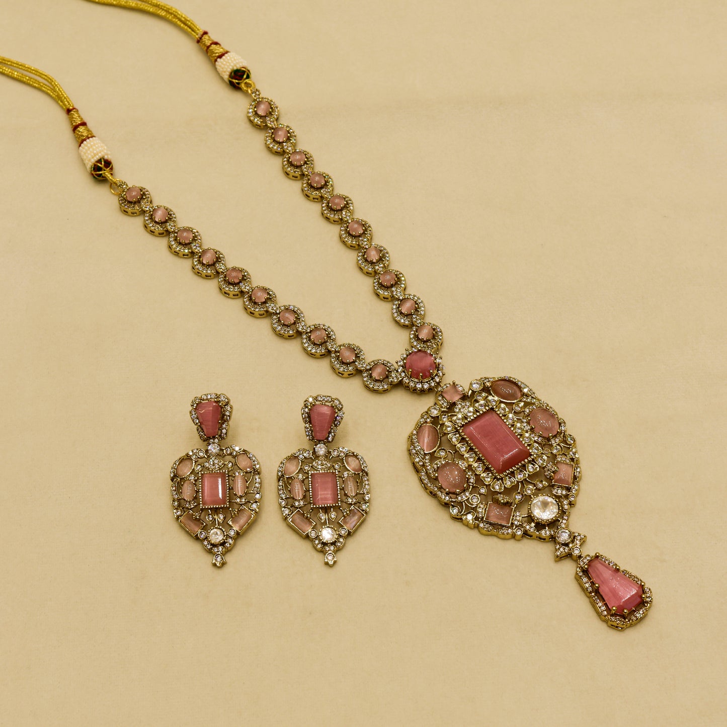 Aanura Red Stone Antique Kundan Necklace & Earrings