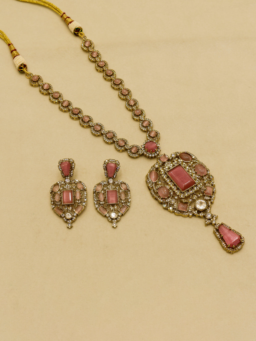 Aanura Red Stone Antique Kundan Necklace & Earrings
