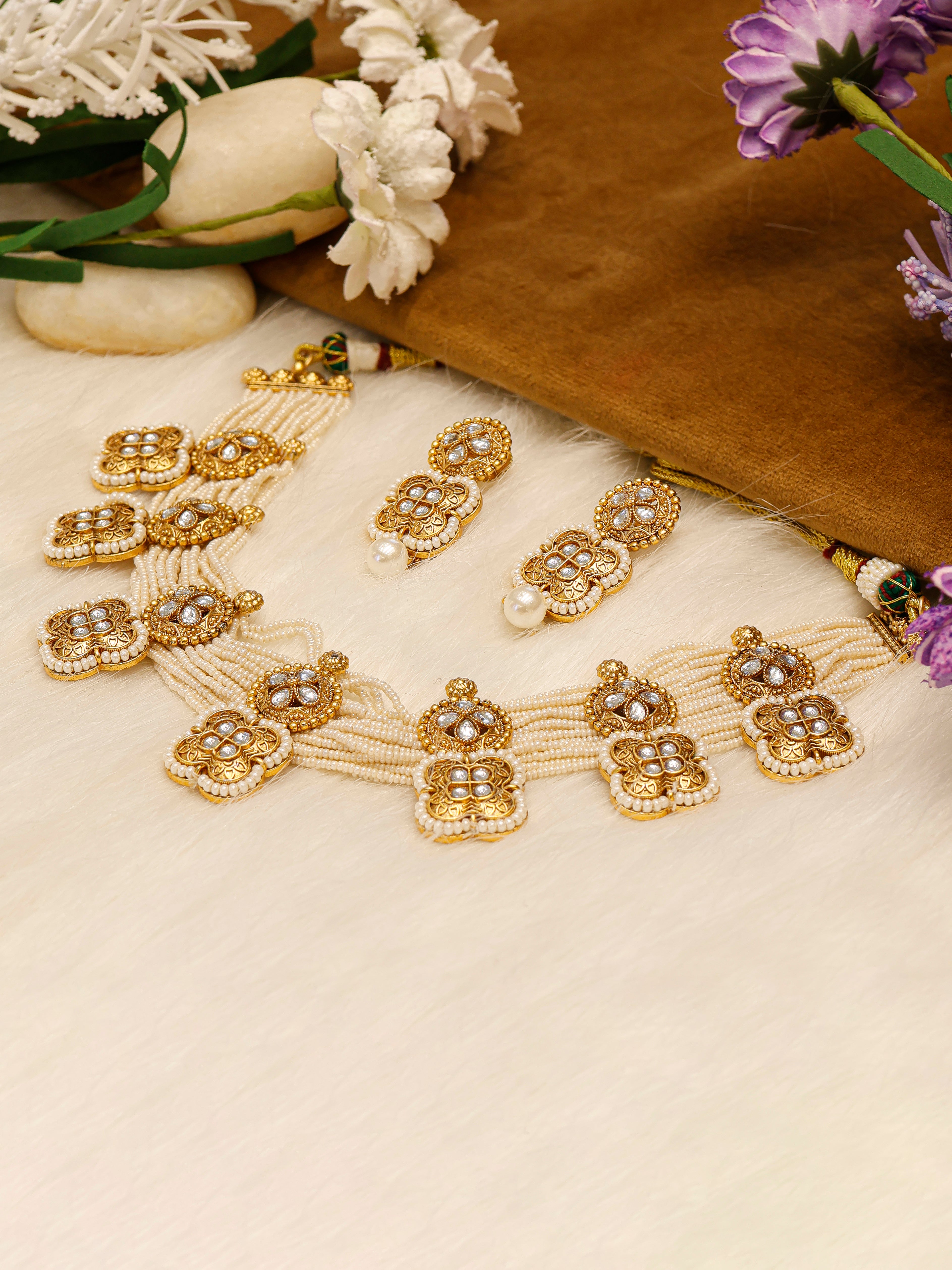 Aanura White Beaded Kundan Choker Necklace with Motifs