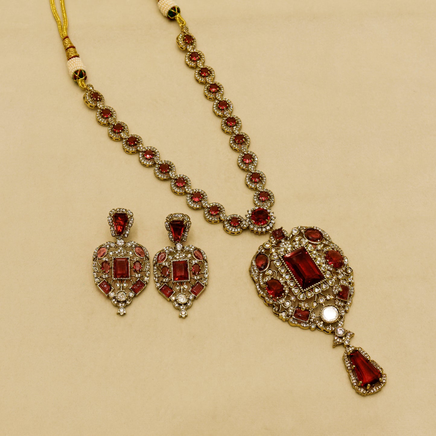 Aanura Red Stone Antique Kundan Necklace & Earrings