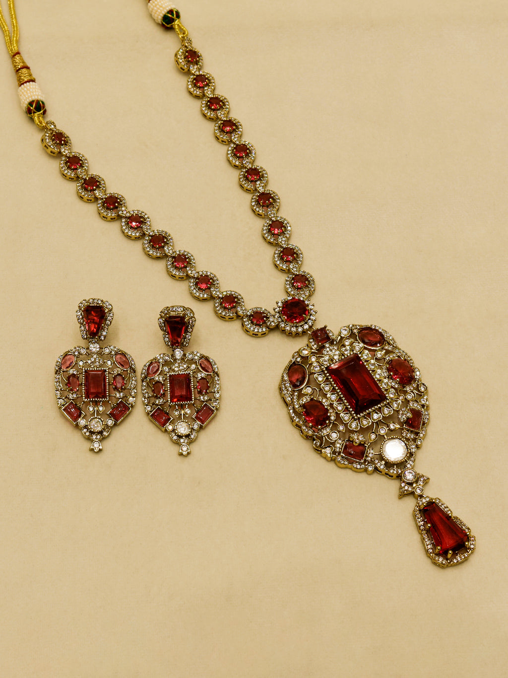 Aanura Red Stone Antique Kundan Necklace & Earrings