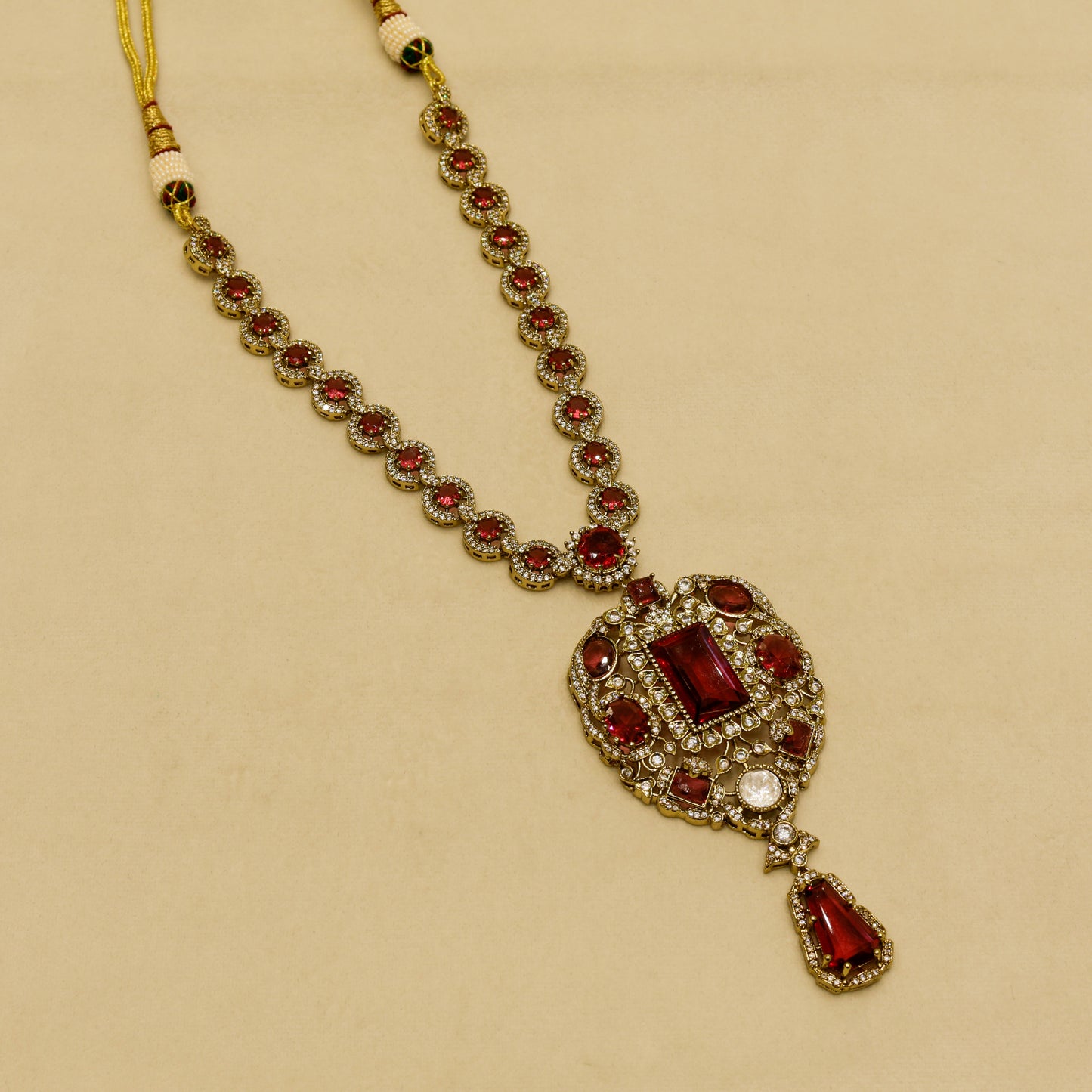 Aanura Red Stone Antique Kundan Necklace & Earrings