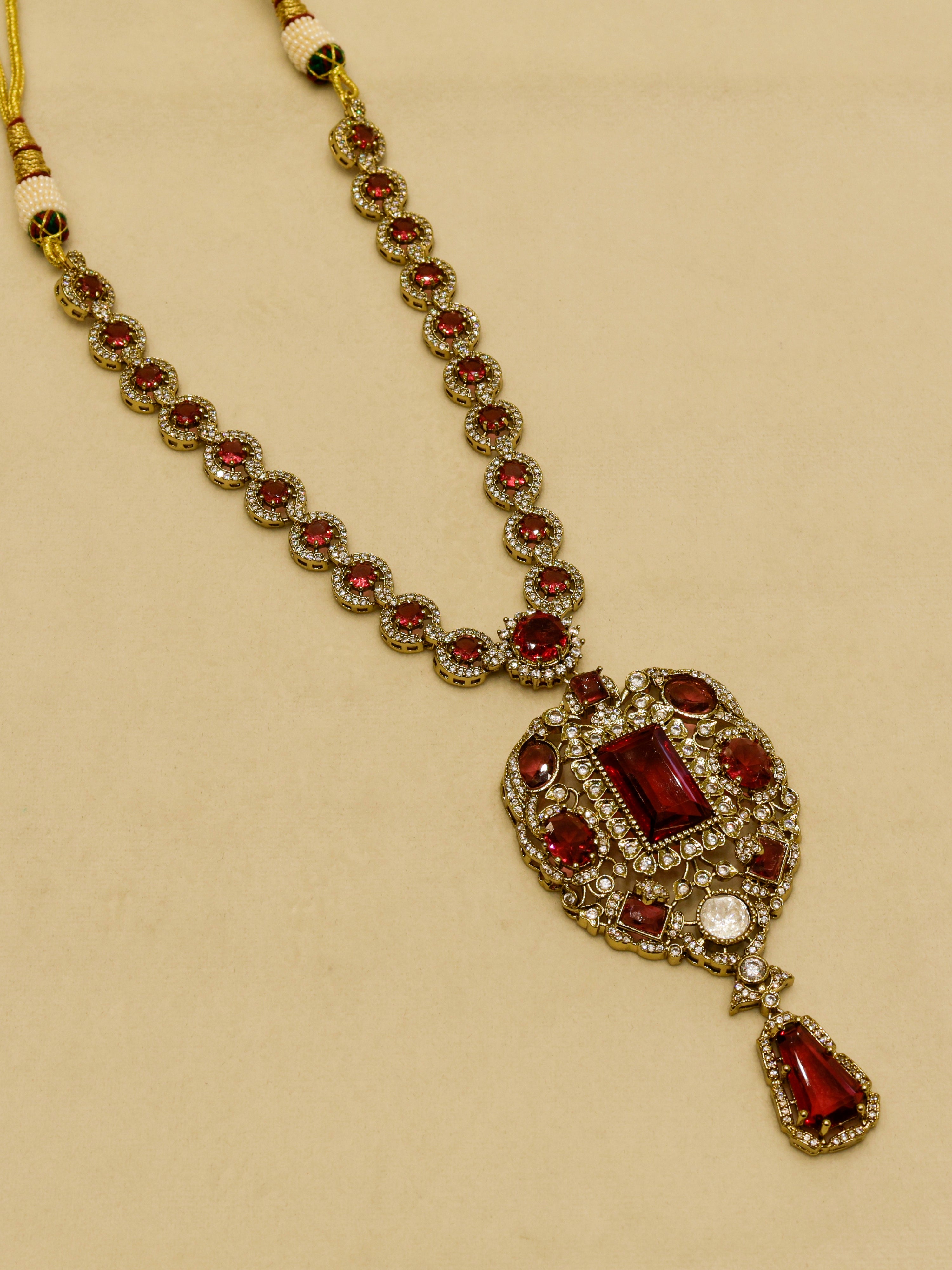 Aanura Red Stone Antique Kundan Necklace & Earrings