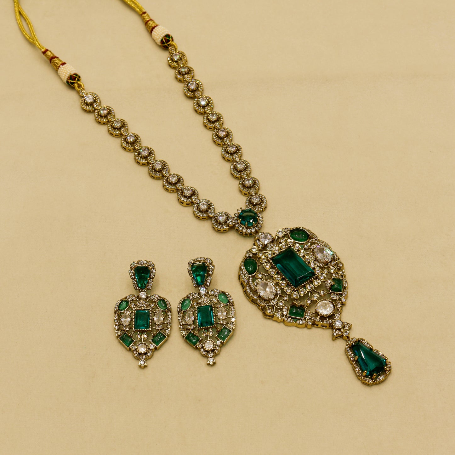 Aanura Red Stone Antique Kundan Necklace & Earrings