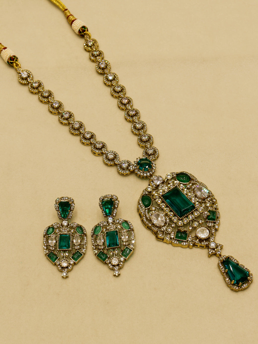 Aanura Red Stone Antique Kundan Necklace & Earrings