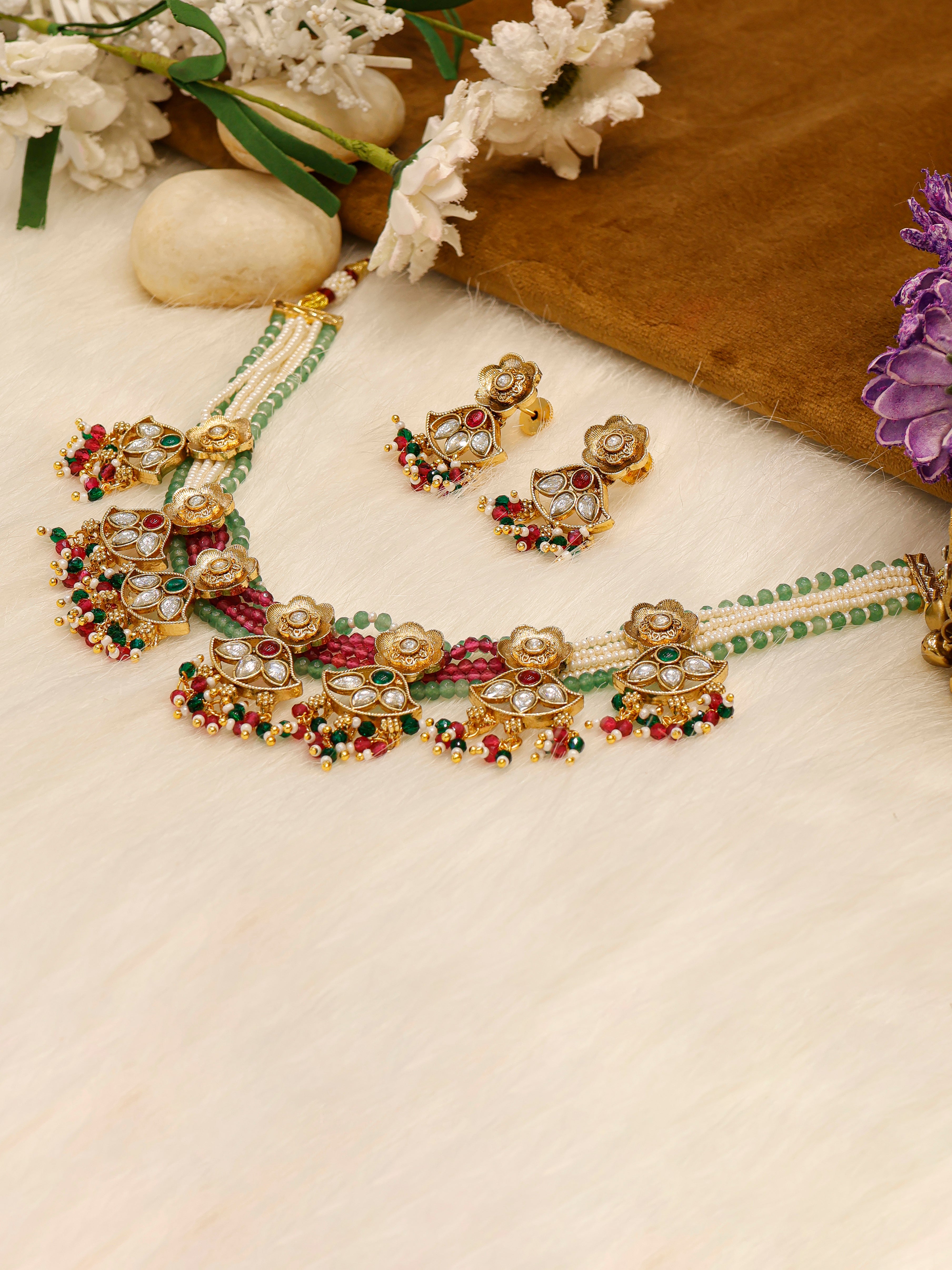 Aanura Floral Kundan Choker Necklace with Beaded Drops