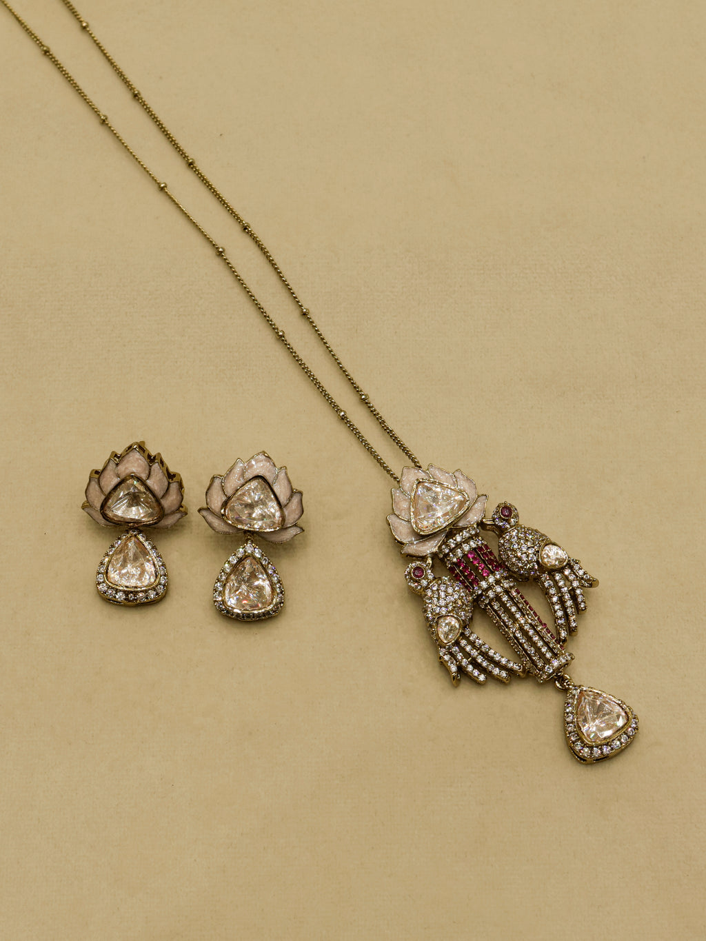Aanura Lotus Motif Long Necklace Set with Earrings
