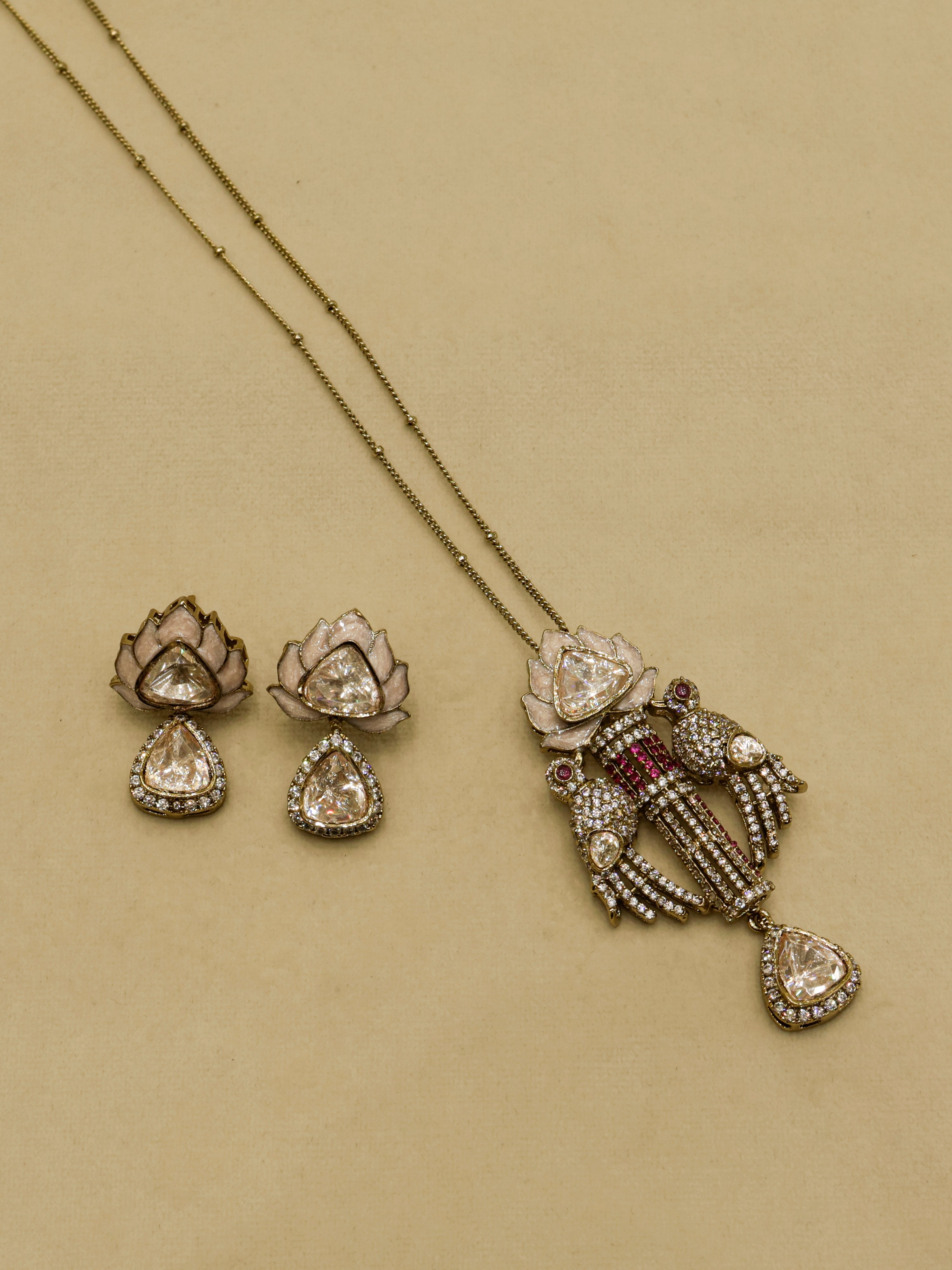 Aanura Lotus Motif Long Necklace Set with Earrings