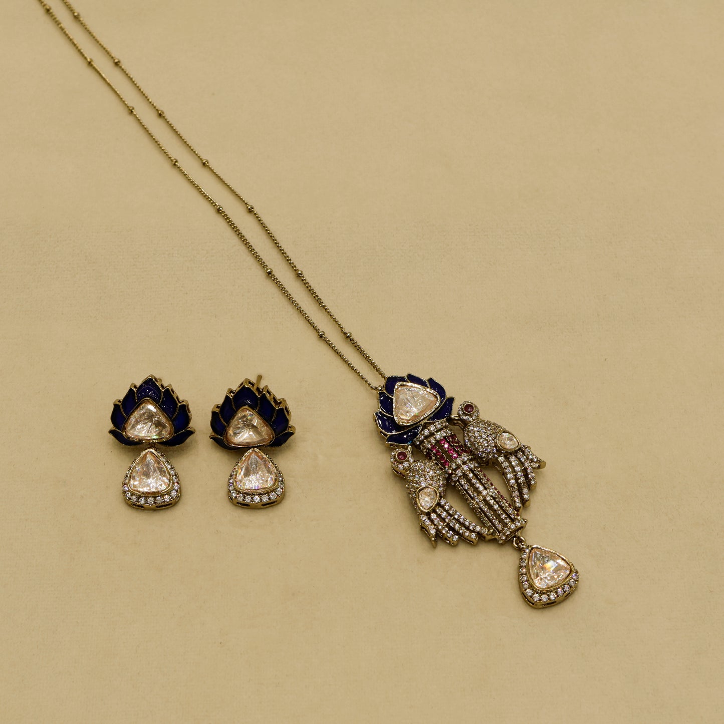 Aanura Lotus Motif Long Necklace Set with Earrings
