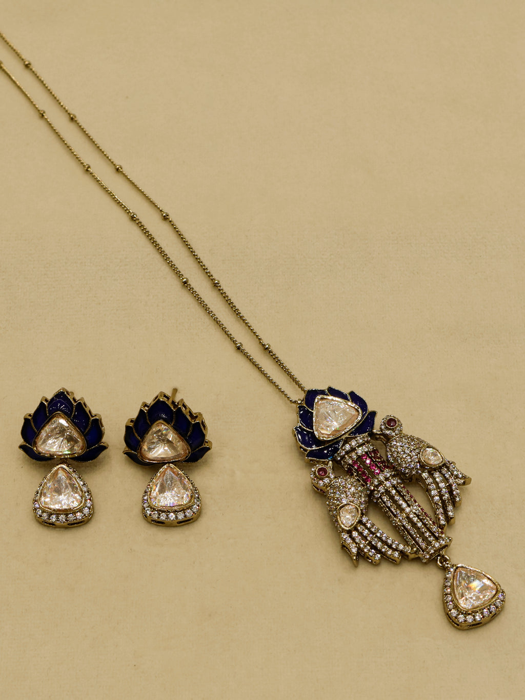 Aanura Lotus Motif Long Necklace Set with Earrings