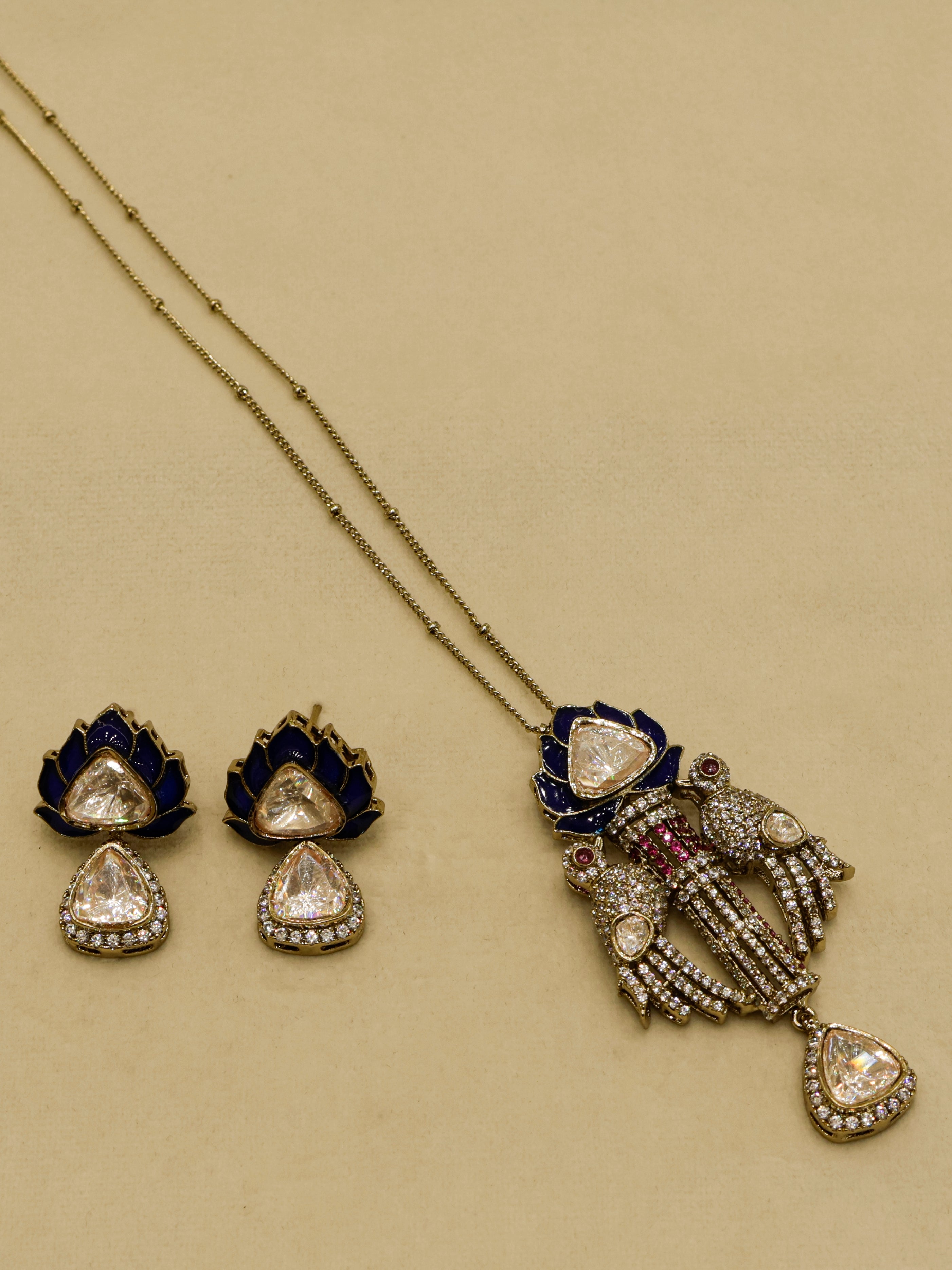Aanura Lotus Motif Long Necklace Set with Earrings