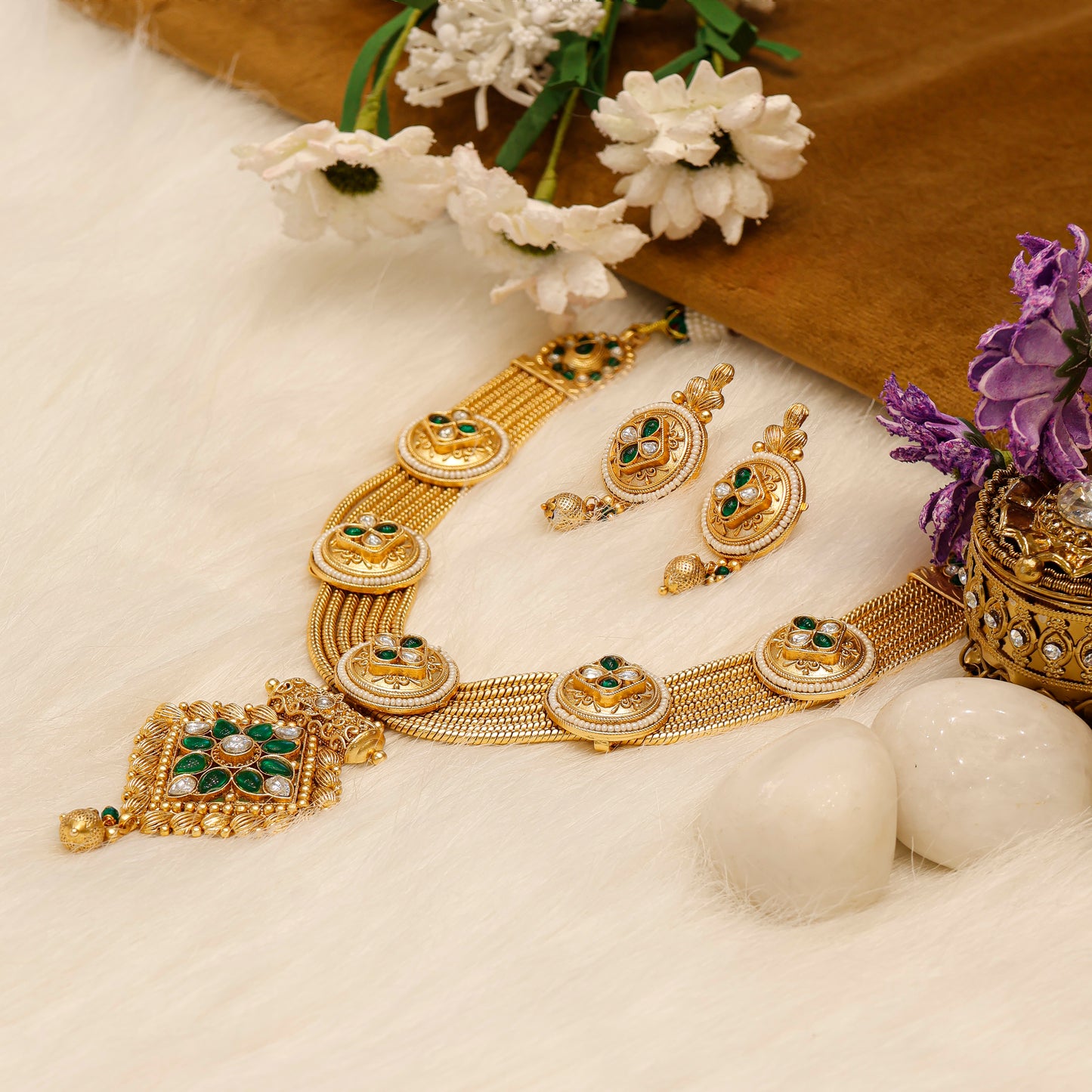 Aanura Antique Long Necklace with Ruby Pendant & Pearls