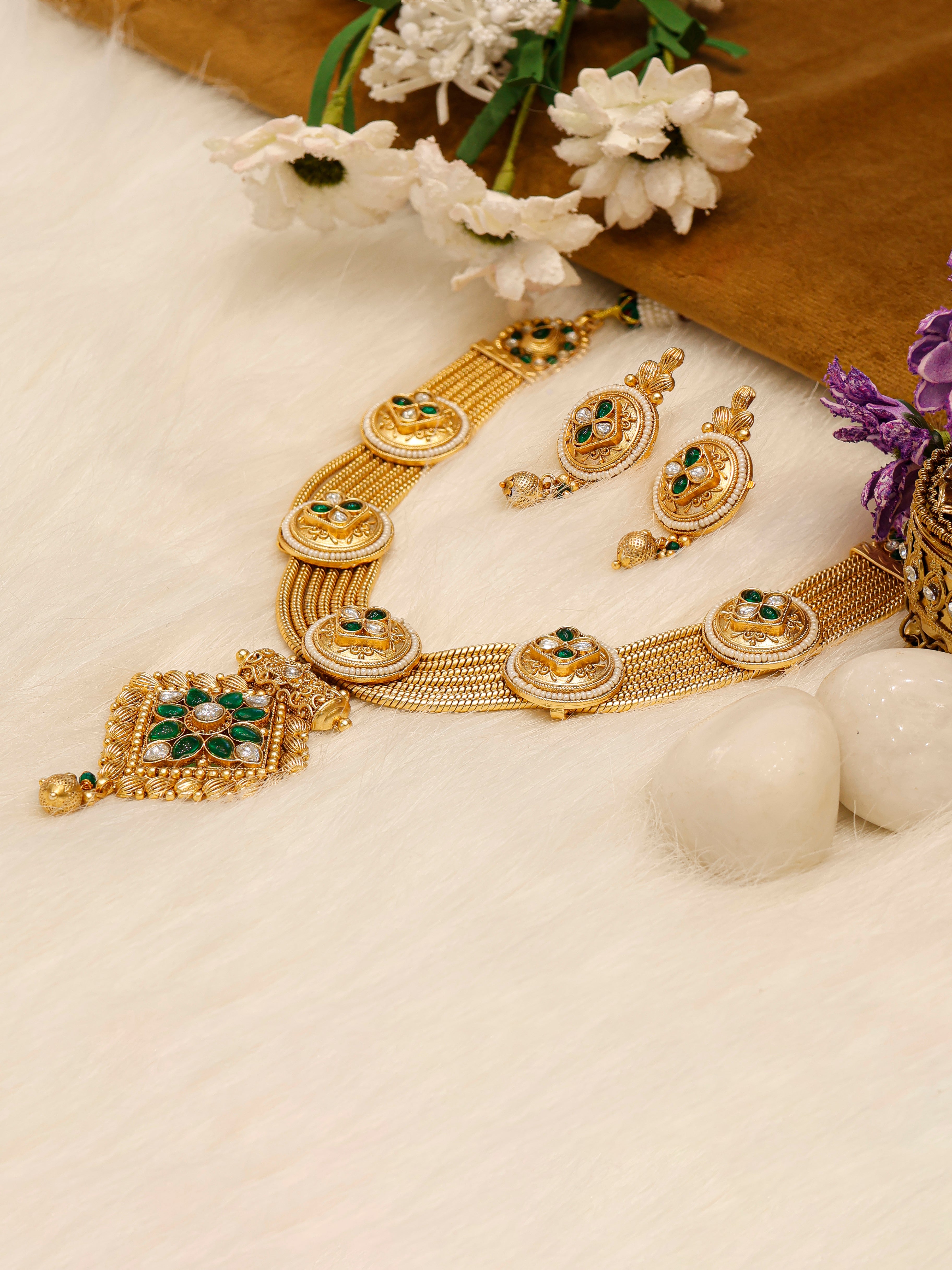 Aanura Antique Long Necklace with Ruby Pendant & Pearls