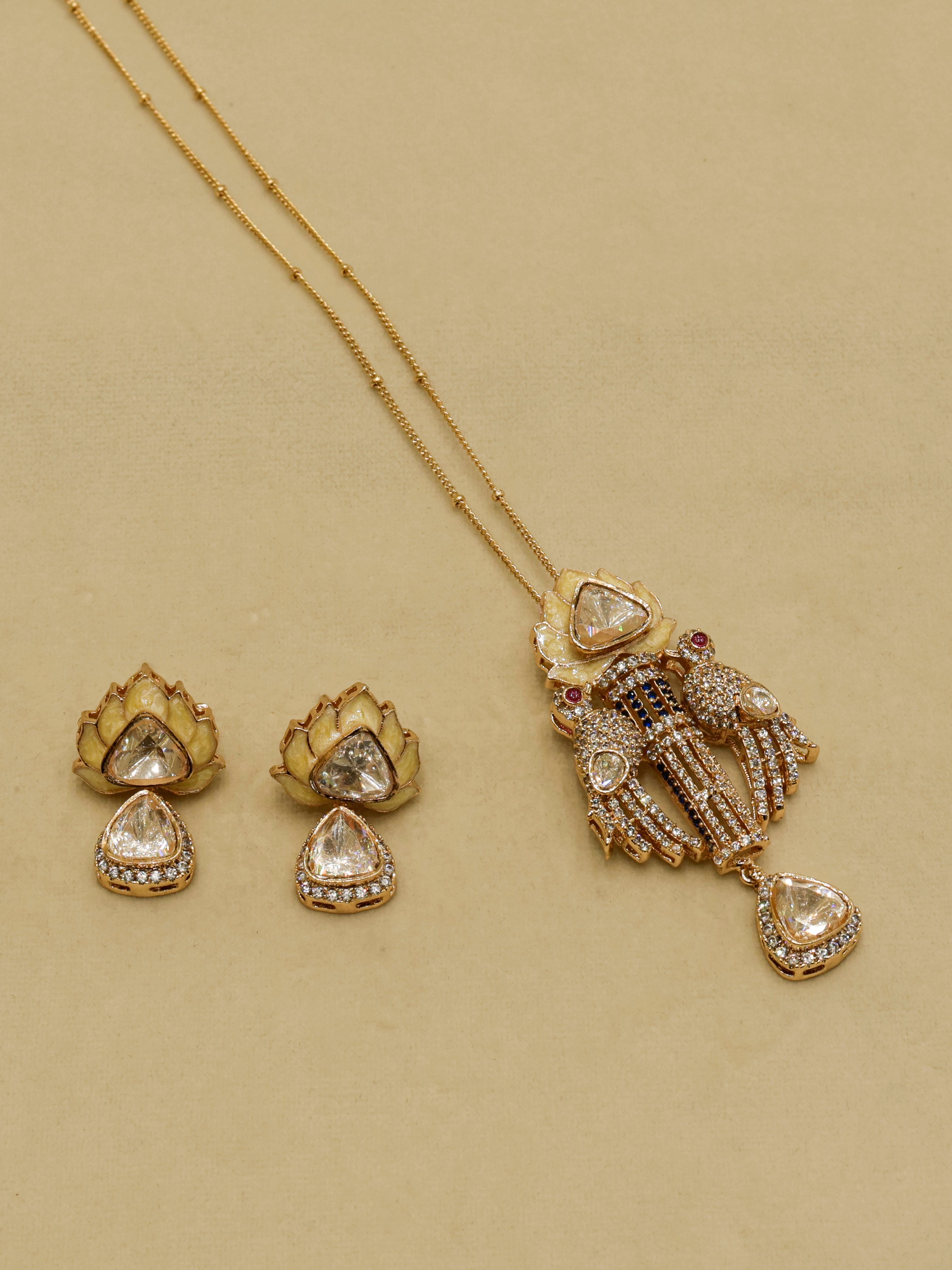 Aanura Lotus Motif Long Necklace Set with Earrings