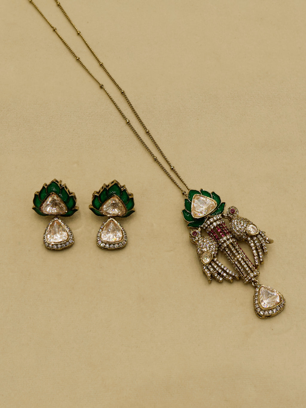 Aanura Lotus Motif Long Necklace Set with Earrings