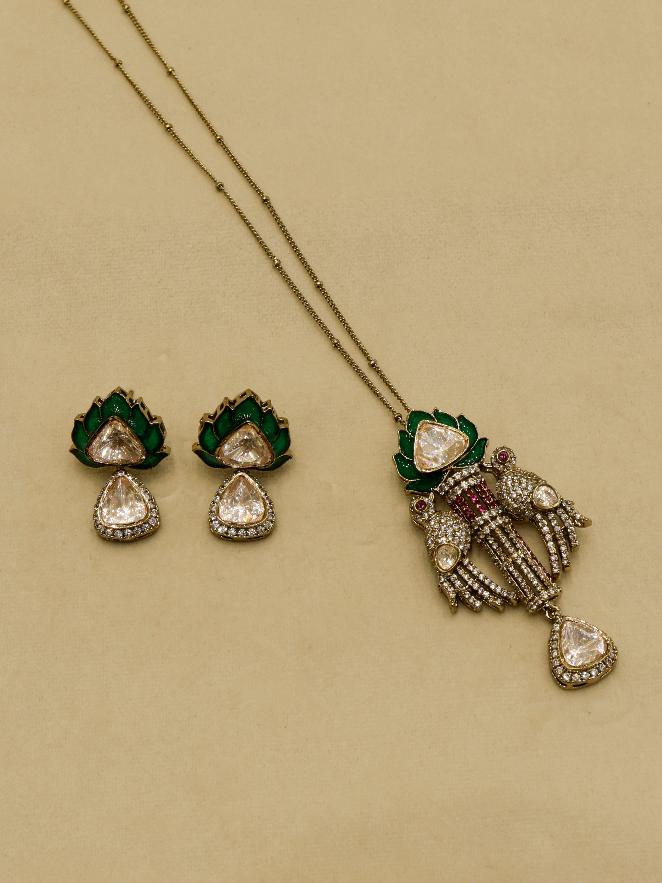 Aanura Lotus Motif Long Necklace Set with Earrings