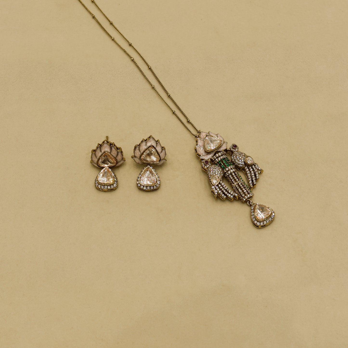 Aanura Lotus Motif Long Necklace Set with Earrings